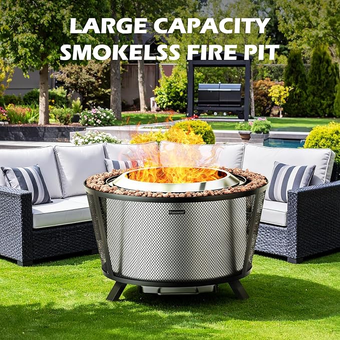 29” Large Capacity Smokeless Fire Pit for Outside,Heavy‑Duty Wood Burning Firepit with Dual‑Wall Design, Mesh Shield, Pull‑Out Ash Pan, Stylish Patio for Backyard Gatherings