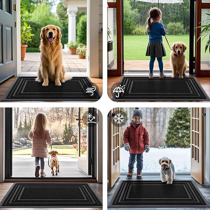 Buganda Front Door Mat Indoor Outdoor Entrance, Non-Slip Natural Rubber Doormats, Easy Clean, Low Profile, Dirt Trapper Entryway Floor Mats for Outside, Garages and Patios, 47x24, Black