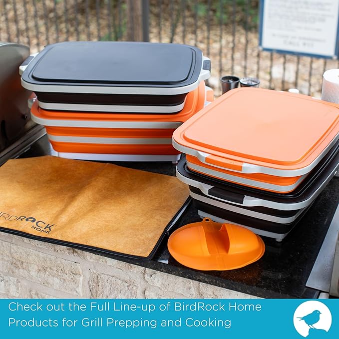 BIRDROCK HOME 2-pack Collapsible BBQ Prep Tub w/Cutting Board, Multi-Function Grill Caddy w/Colander & Lid, Portable Silicone Dish Bowl for Picnic, Tailgate, Camping (Orange, Large)