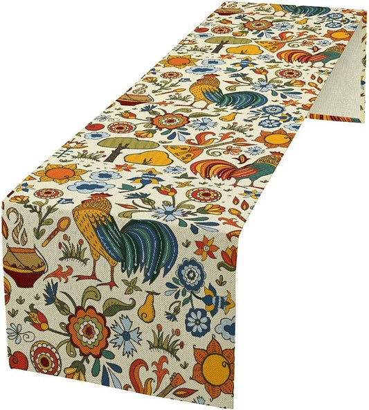Farm Animal Table Runner, Boho Folk Style Country Rustic Farmhouse Rooster Flower Print Table Runner for Home Kitchen Dining Holiday Decor, 13x90inch