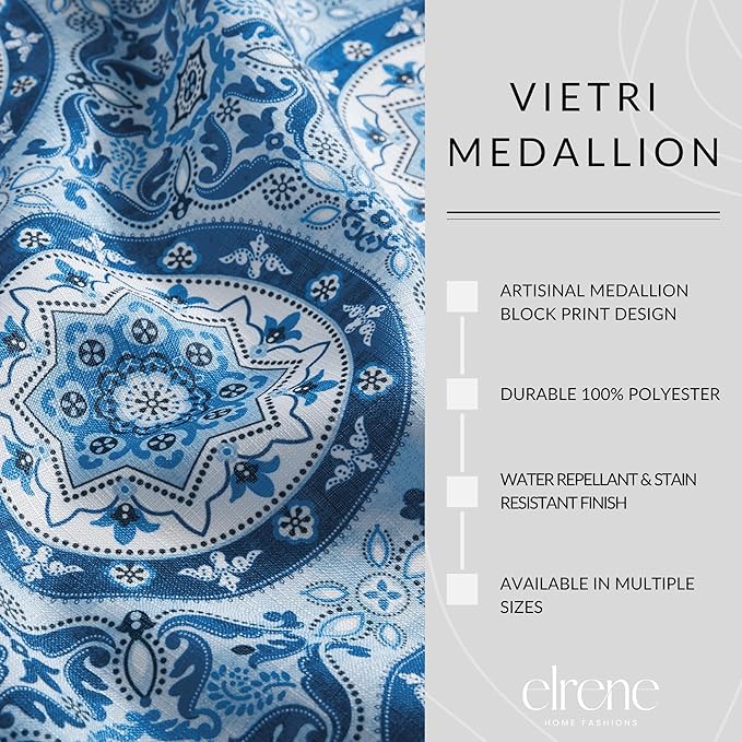 Elrene Home Fashions Vietri Medallion Blue Coastal Block Print Stain & Water Resistant Indoor/Outdoor Fabric Rectangle Tablecloth, 52"x70"