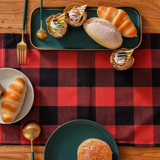 Tosewever Christmas Buffalo Check Plaid Table Runner, Cotton Polyester Blend Classic Family Dinner Table Runners for Indoor Outdoor Parties Events Home Decoration (Red and Black, 14 x 72 Inch)