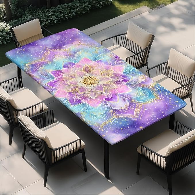 Rectangle Table Cloth Cover Waterproof Elastic Fitted Polyester Fitted Tablecloths for 6 Foot Tables for Indoor,Picnic, Camping, Outdoor （72" x 30"，Datura）