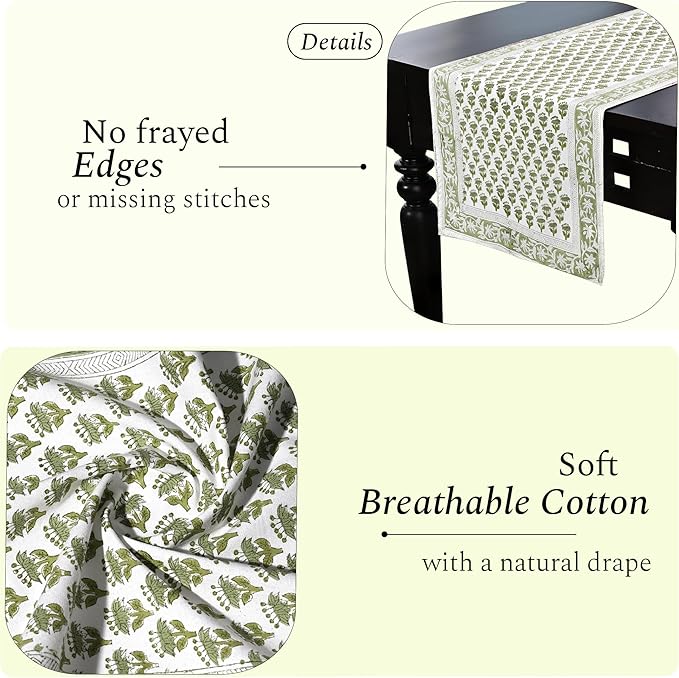 CPC Cotton Table Runner 16x60 Inch Block Printed Long Fall Table Runner for Dining Table, Card Table, Coffee Table, Wedding, Farmhouse & Outdoor Barbeque-Emerald Green