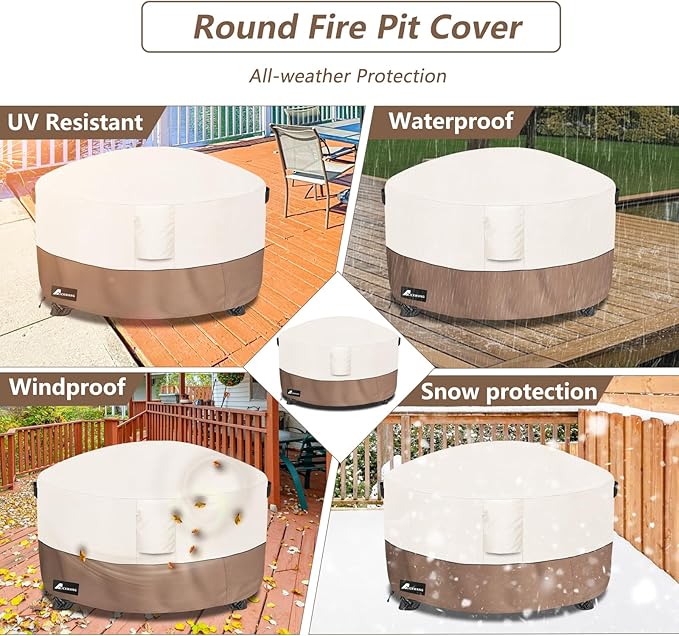Fire Pit Cover Round 40 Inch Waterproof,Outdoor Heavy Duty Durable 600D Tear-Resistant Fire Pit Table Cover,Patio Round Firepit Cover 40" D x 20" H, Beige