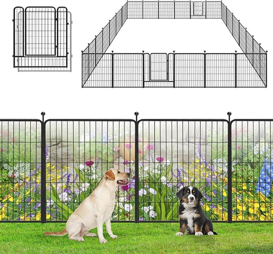 Garden Fence with Gate Metal Fencing Outdoor for Yard, 32in x60ft 26 Panels Outdoor Dog Fence Temporary Fence for Dogs Outside, Rustproof Garden Fencing Flower Bed Edging for Patio