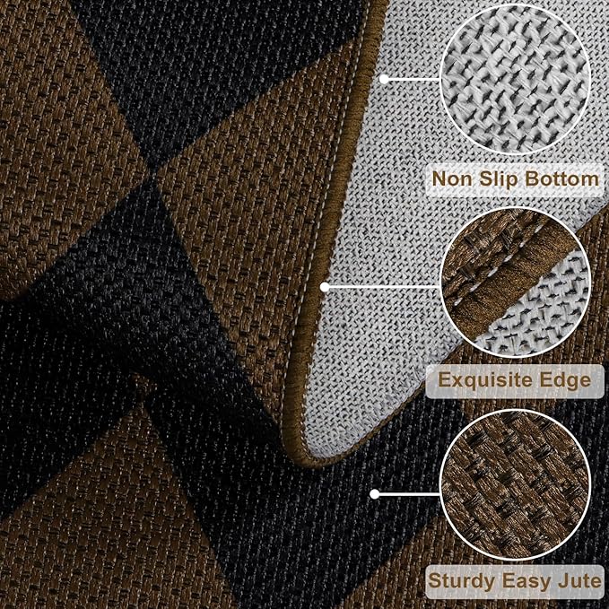Easy Jute Checkered Runner Rug, 2x6 Coffee Modern Washable Rugs Runner for Hallway Non-Slip Kitchen Runner Rug, Geometric Diamond Indoor Outdoor Carpet for Porch Laundry Entryway