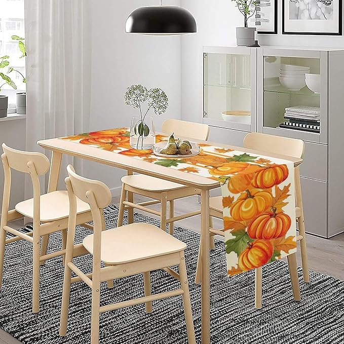 Fall Pumpkin Table Runner, Autumn Orange Maple Leaves Print Table Runner for Thanksgiving Harvest Holiday Indoor Outdoor Table Decoration, 13x120inch