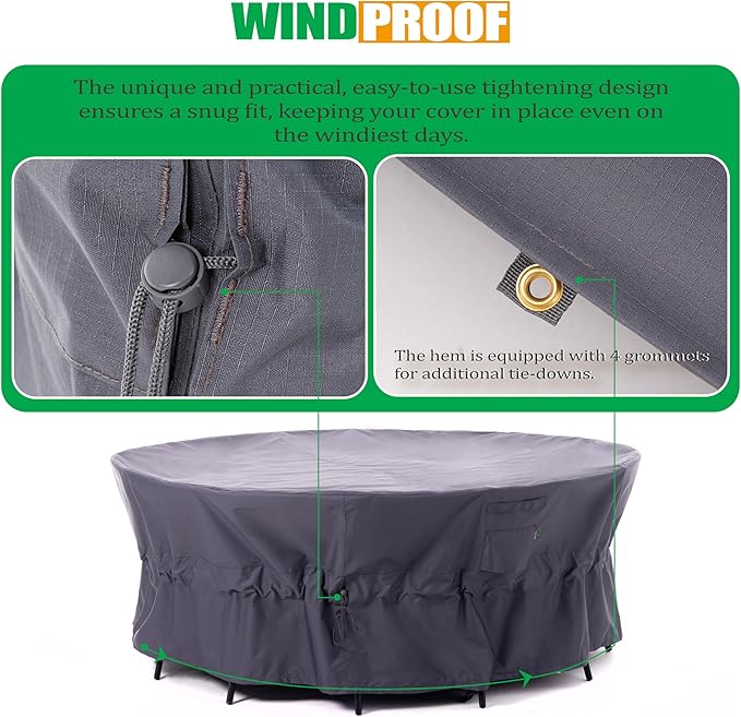 F&J Outdoors Patio Furniture Covers, Heavy Duty Tear Resistant Waterproof UV Resistant Windproof Extra Large Furniture Cover, Grey, 130" Dia x 35" H