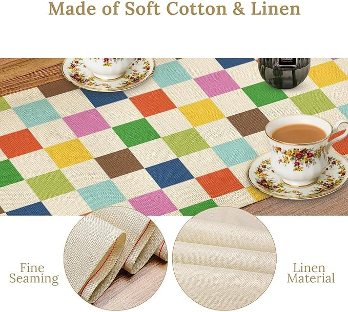 Colorful Checkered Table Runner, Vintage 60s 70s Cute Modern Geometric Table Runner for Party Kitchen Dining Home Outdoor Banquet 13x90in