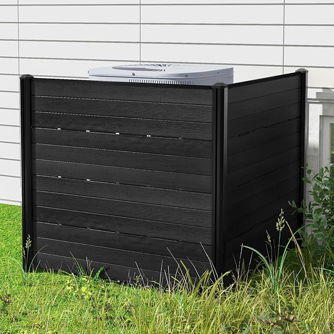 Giantex 4 Panels Outdoor Privacy Screen, 48''W x 45''H Air Conditioner Fence with Stakes, HDPE Decorative Trash Can Enclosure, Outdoor Fences for Garden Patio Lawn AC Unit Pool Pump, Black