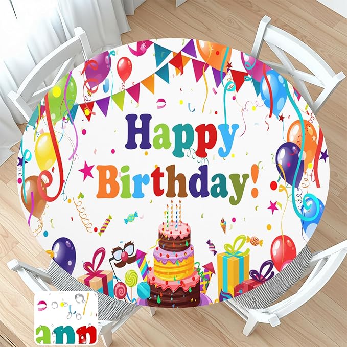 Birthday Round Fitted Tablecloth with Elastic Colorful Happy Birthday Party Circle Table Cover for 40-44" Round Tables Wipeable Waterproof Cake Balloons Gifts Table Cloth for Picnic Dining Patio Decor