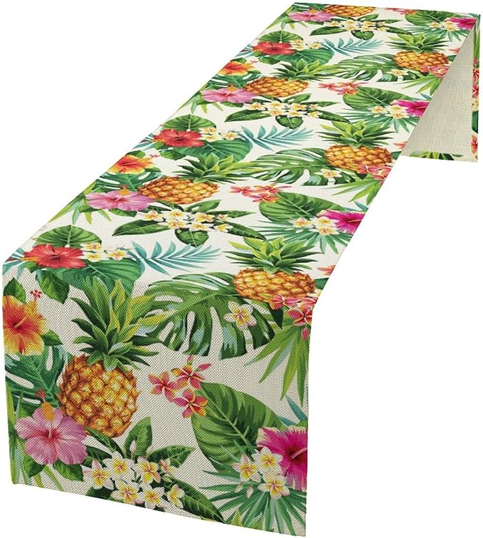 Summer Pineapple Table Runner, Tropical Palm Leaves Flowers Fruit Table Runner for Kitchen Dining Party Holiday Home 13x90in