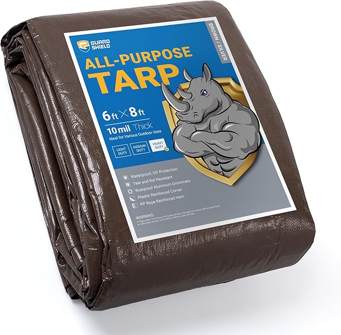 GUARD SHIELD Tarps Heavy Duty Waterproof 6x8 Feet Brown/Silver Poly Tarp Cover Outdoor Thick UV Resistant Tarpaulin with Grommets 10mil