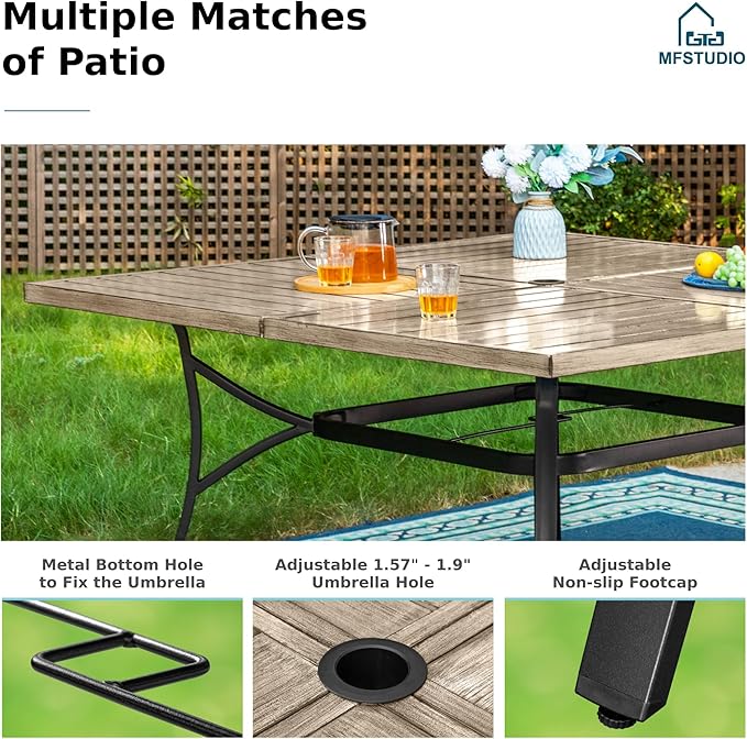 MFSTUDIO Outdoor Dining Set for 8, Patio Table and Chairs Set with Umbrella Hole, 9 Piece Metal Patio Furniture Set for Deck Backyard Poolside Garden