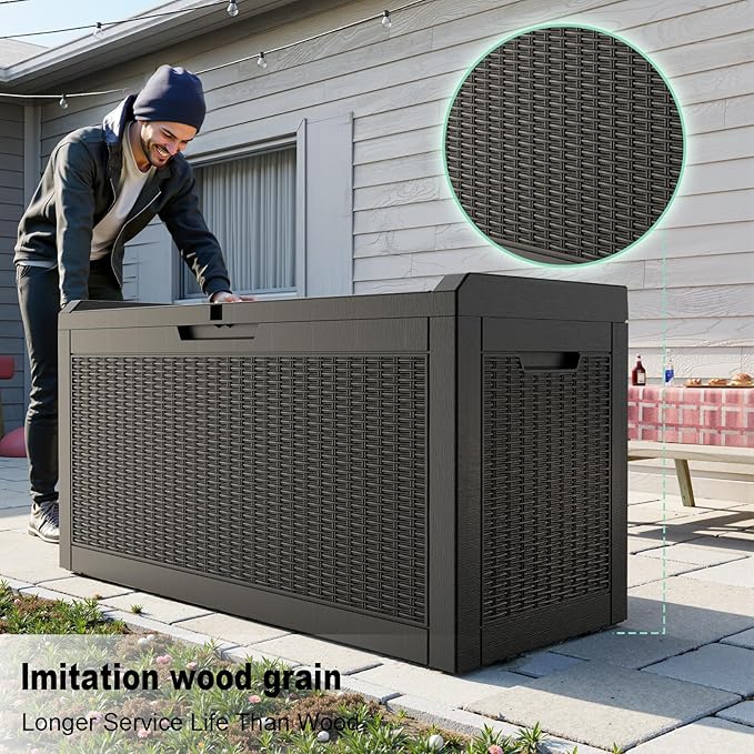 60 Gallon Deck Box,Resin Outdoor Storage Box with Lockable for Patio Furniture, Pool Accessories, Garden Tools, Waterproof Outside Storage Box, Black