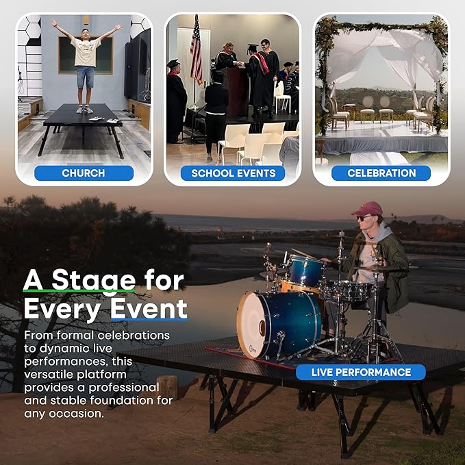 8'x16' MYSTAGE 8 Stage Platform - Portable, Folding Lightweight Aluminum Performance Deck with Adjustable Height 17"-28" - US Patented Design