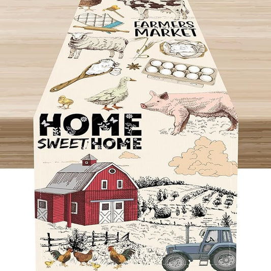 Farmhouse Rooster Table Runner, Rustic Cow Chicken Pig House Animals Coffee Table Center Decor for Family Kitchen Dining Room and Living Room Outdoor Country Holiday Party Table Decorations, 13"x90"