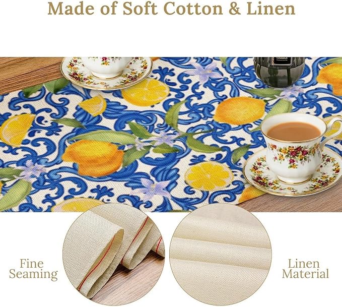 Rustic Lemon Table Runner,Vintage Morocco Blue Mediterranean Spring Summer Fruit Print Table Runner for Farmhouse Kitchen Dining Table Home Party Decor 13x36in