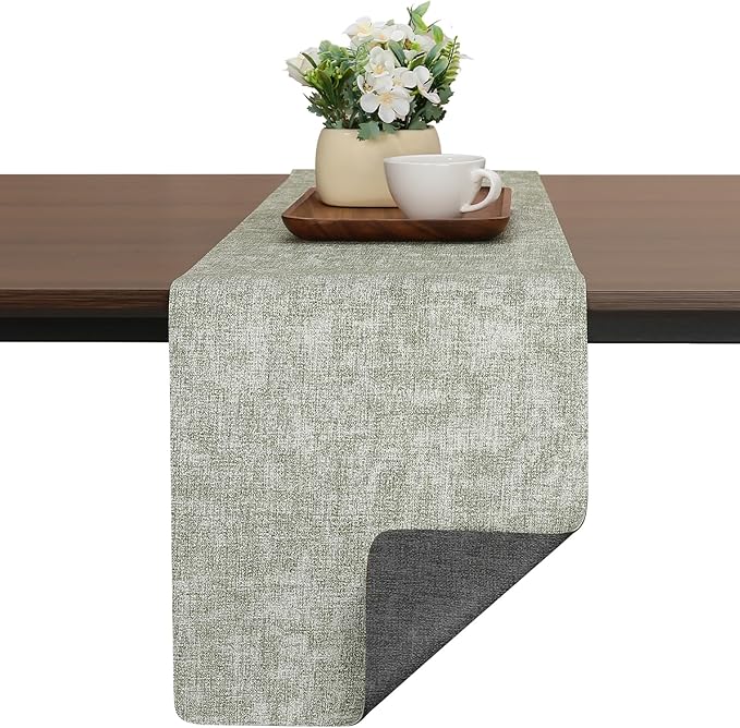 Table Runners 94 Inches Long, Dual-Sided Faux Leather Farmhouse Table Runner Waterproof Heatproof Non-Slip for Living Room Party Home Decor Holiday Decorations(Gray Grass Green, 15 x94 Inch)