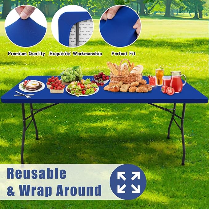 Spandex 8 Foot Rectangle Table Cloth 6 Pack, Elastic Fitted Tablecloths for Picnic, Stretch Washable Patio Table Cover for Outdoor, Camping, Banquet and Parties (Blue, 30"x96")