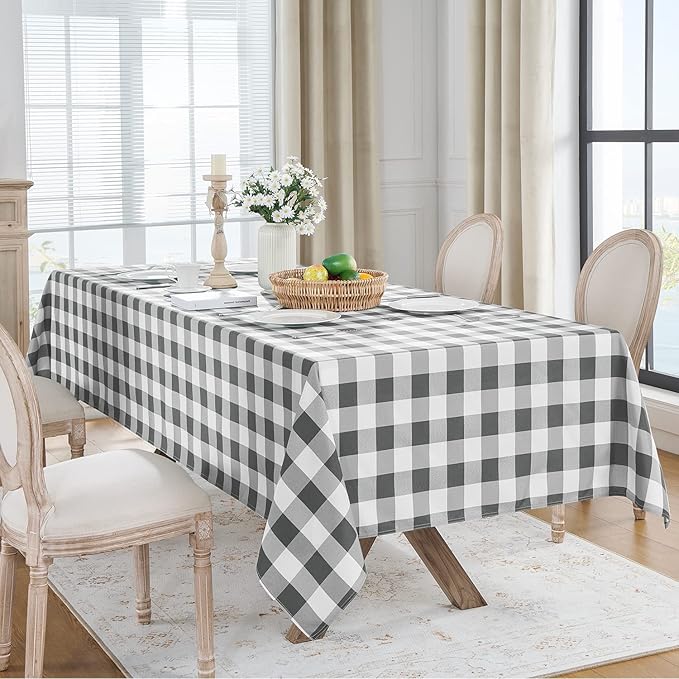Softalker Gingham Checkered Tablecloth Rectangle - Outdoor Waterproof Buffalo Plaid Table Cloth, Stain Resistant Washable Table Cover for Picnic, Camping, Dining - Grey and White, 60 x 102 Inch