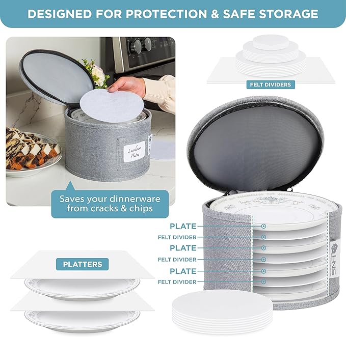 China Storage Hard Shell Containers 12-Piece Set Moving Boxes for Dinnerware, Glasses, Plates, Mugs and Saucers Sturdy Dish Organizer with Dividers for Seasonal Storage - Service for 12 - Grey
