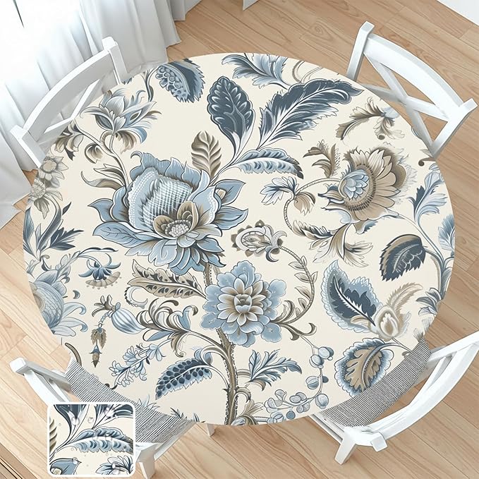 Vintage Floral Round Fitted Tablecloth with Elastic Blue Brown Chinoiserie Flower Circle Table Cloth for 40-44" Round Tables Wipeable Waterproof Elegant Rustic Table Cover for Dining Patio Picnic