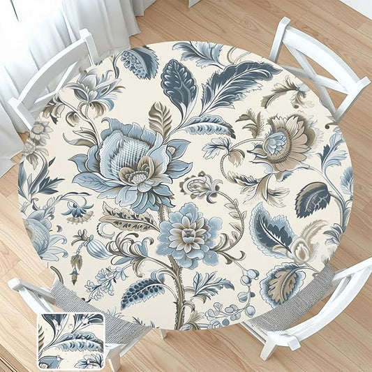 Vintage Floral Round Fitted Tablecloth with Elastic Blue Brown Chinoiserie Flower Circle Table Cloth for 44-48" Round Tables Wipeable Waterproof Elegant Rustic Table Cover for Dining Patio Picnic