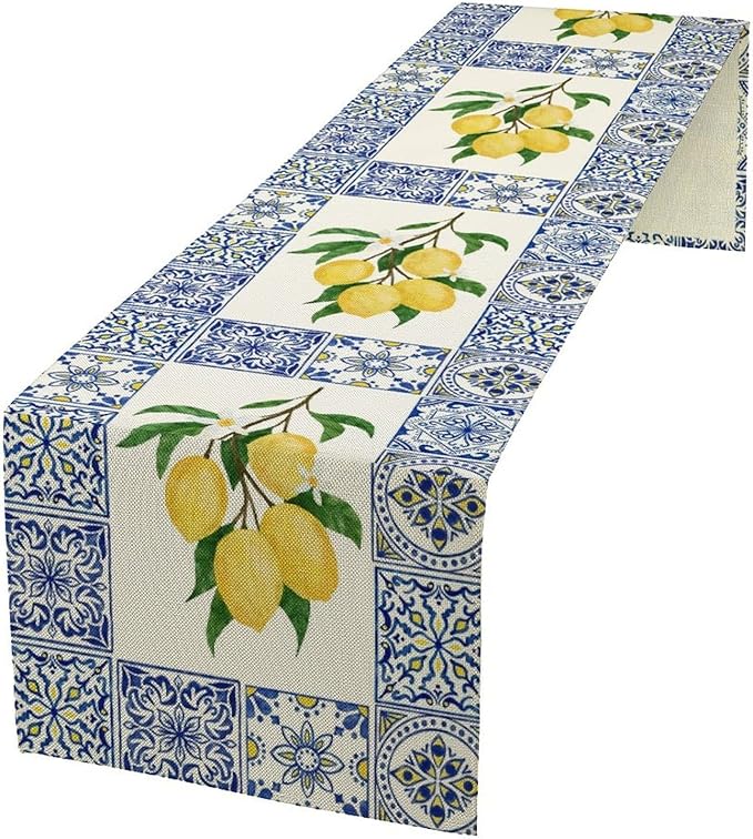 Yellow Lemon Table Runner, Blue Tiles Summer Holiday Tasty Fruit Healthy Fruit Vintage Watercolor Rustic Botanic Table Cover for Party Picnic Dining Room Kitchen, 13x90inch