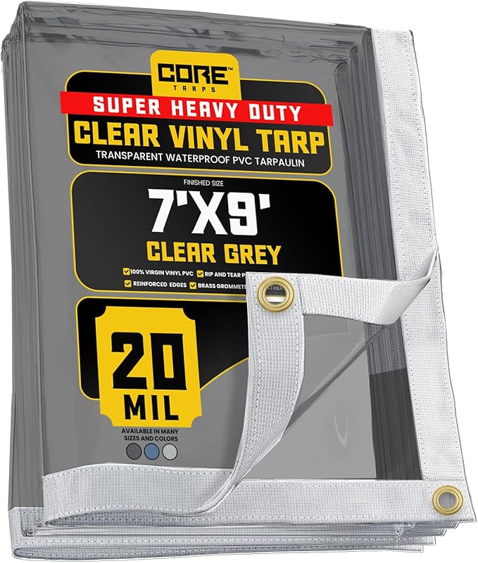 Core Tarps 20 Mil Extreme Heavy Duty Clear Tarp with Gromments - 7x9ft Super Clear Tarps Heavy Duty Waterproof Vinyl Tarpaulin, Transparent Tarp for Outdoor, Camping & Construction, Clear Grey
