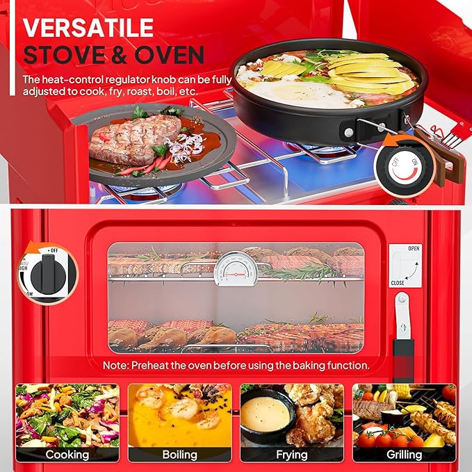 ROVSUN 2-in-1 Camping Stove with Propane Oven, Portable 2 Burner Stove & Outdoor Oven Combo with Auto-ignition & Thermometer for Camping Backyard Picnic