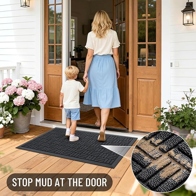 OLANLY Front Door Mat Outside Entrance 71x47, Absorbent, Heavy Duty Sturdy Natural Rubber Doormat Indoor Outdoor, Stain and Fade Resistant, Non-Slip Backing Low Profile Floor Mat for Entryway, Black