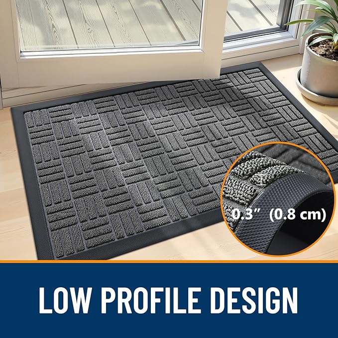 OLANLY Front Door Mat Outside Entrance 35x23, Absorbent, Heavy Duty Sturdy Natural Rubber Doormat Indoor Outdoor, Stain and Fade Resistant, Non-Slip Backing Low Profile Floor Mat for Entryway, Grey