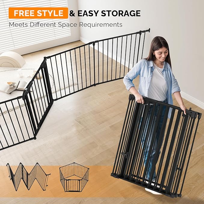 Bonnlo 120 Inches Wide Configurable Baby Gate, Fireplace Safety Fence/Guard, Adjustable 5-Panel Metal Play Yard for Toddler/Pet/Dog, Christmas Tree Fence, Includes 4 Pack of Wall Mounts, Black