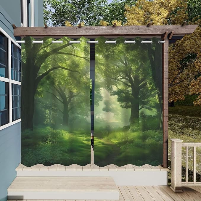 Forest Theme Waterproof Outdoor Curtains for Patio,Dawn Trees Jungle Pattern,Waterproof, Privacy, Grommet Curtains for Patio, Pergola, Porch, Deck, Lanai, Cabana,2 Panels,54 x 84 inch,Green