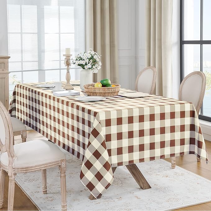 Softalker Gingham Checkered Tablecloth Rectangle - Outdoor Waterproof Buffalo Plaid Table Cloth, Stain Resistant Washable Table Cover for Picnic, Camping, Dining - Coffee and White, 60 x 120 Inch