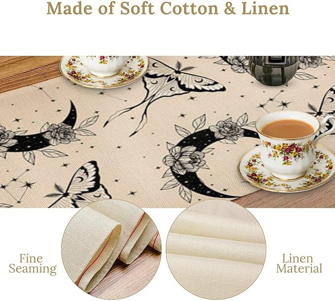 Boho Moth Table Runner,Retro Flower Moon Starlit Stars Butterfly Print Table Runner for Wedding Holiday Party Farmhouse Home Decor 13x120in
