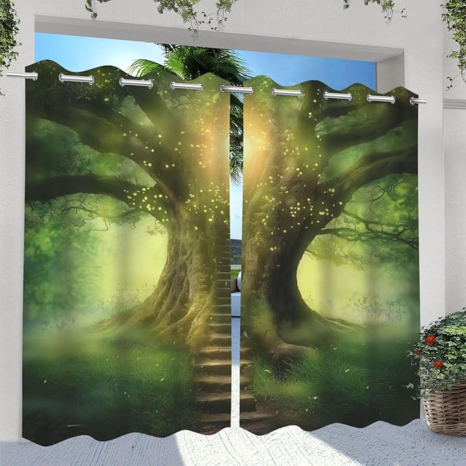 Fantasy Theme Waterproof Outdoor Curtains for Patio,Forest Pattern,Grommet Curtain for Bedroom, Porch, Living Room, Pergola, Cabana,2 Panels,W54 x L84,Green