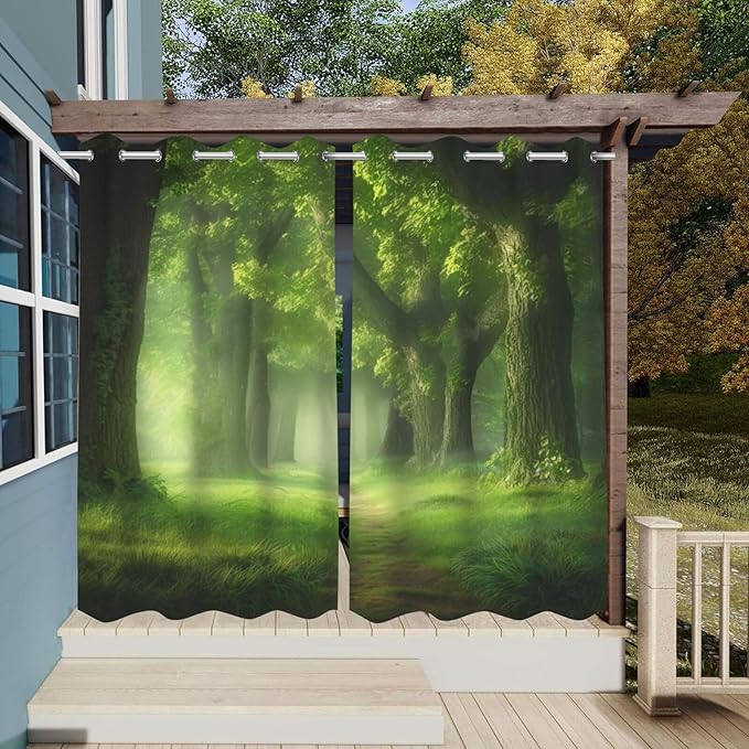 Forest Theme Waterproof Indoor/Outdoor Curtains,Dawn Trees Jungle Pattern,Weatherproof Outside Curtain for Cabana, Porch, Pergola and Gazebo,2 Panel,54 x 96 inch,Green