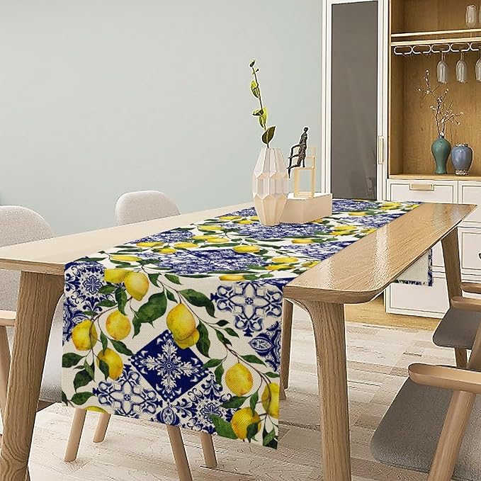 Lemon Fruit Nature Table Runner Farmhouse Talavera Ethnic Folk Rustic Watercolor Blue Dining Table Decoration for Home Holiday Party Dresser Kitchen Cabin Restaurant Wedding Decor 13×60in