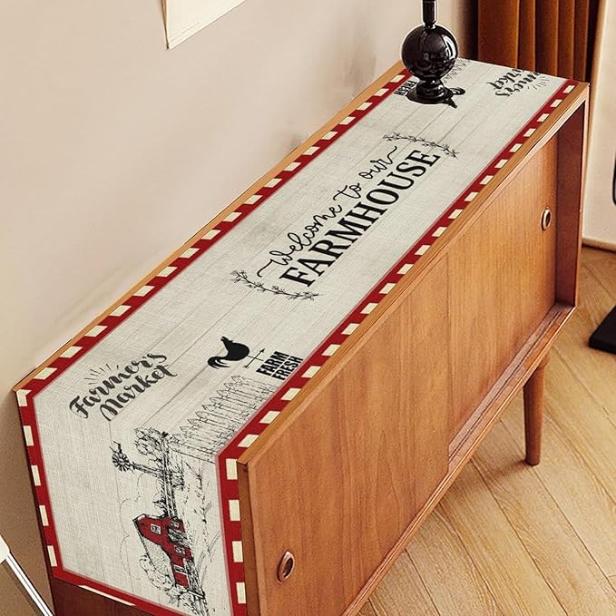 Farmhouse Table Runner, Rustic Country Barn Cottage Rooster Check Animal Plank Coffee Table Center Decor for Home Kitchen Dining Patio Holiday Party Indoor Outdoor Table Decorations 13"x90"