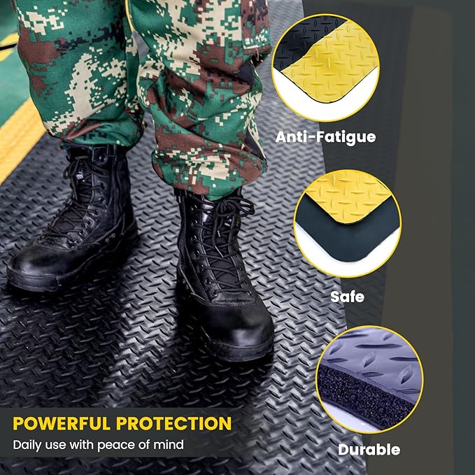 3' x 5' ESD Anti-Fatigue Conductive Mat, Durable Heavy Duty Diamond Plate, Soft Sponge Ergonomic Mat, Non Slip Waterproof Floor Mats for Commercial&Industrial Work, Thick 3/4” Black with Yellow Border