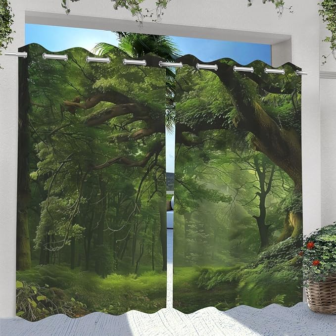 Nature Theme Waterproof Indoor/Outdoor Curtains,Forest Pattern,Waterproof, Privacy, Grommet Curtains for Patio, Pergola, Porch, Deck, Lanai, Cabana,2 Panel,W42 x L63,Green