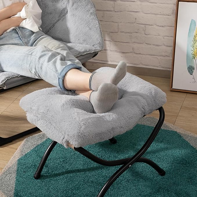 HollyHOME 15"(H) Folding Footrest Stool, Upholstered Small Foldable Ottoman, Accent Padded Sofa Foot Stool for Lazy Chair, Metal Frame Portable Foot Rest Ottoman for Home, Living Room, Bedroom, Grey