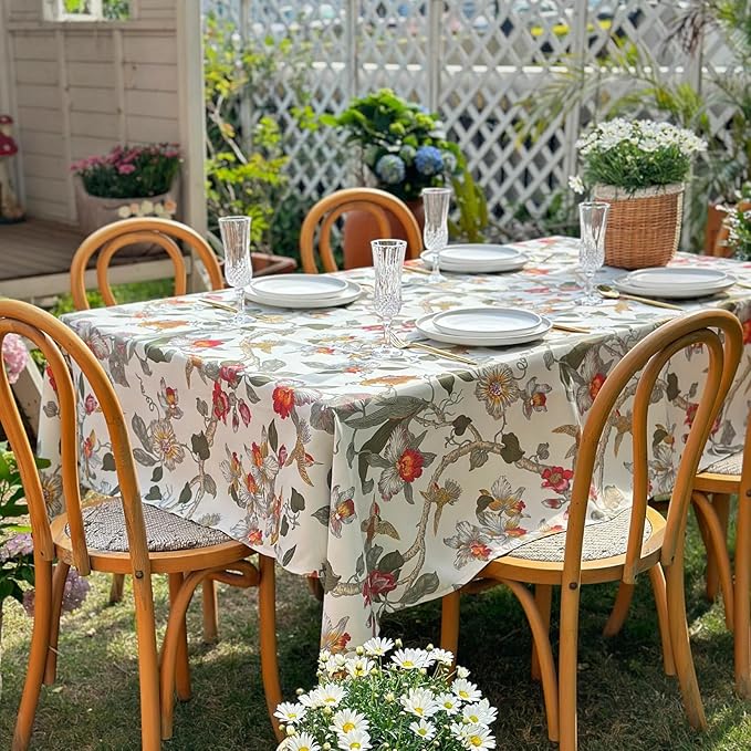 Waterproof Rectangular Tablecloth 60 x 120 Inch, Bird Floral Table Cloth Country Spring Summer Tablecloths, Table Cover for Farmhouse, Dining, Outdoor - Red Flower