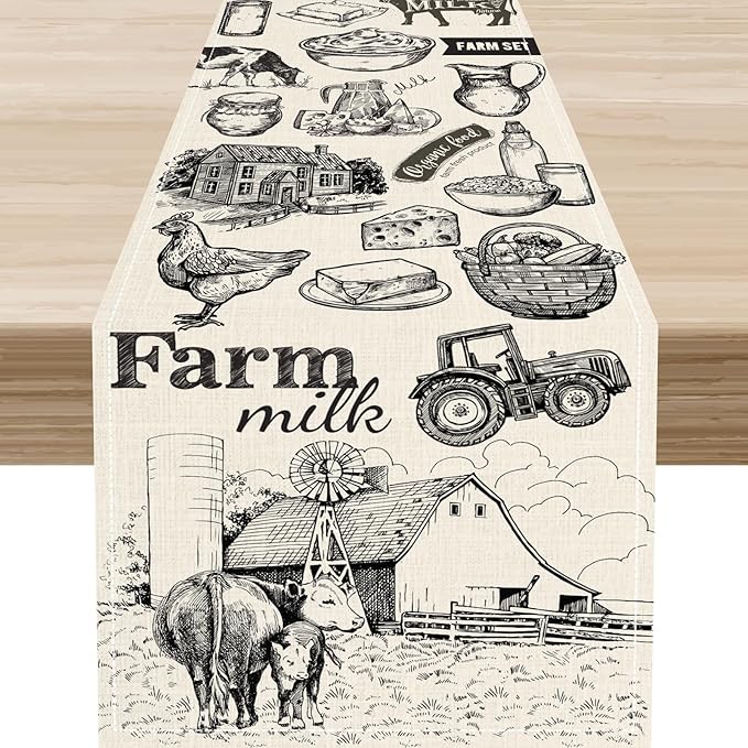 Farm Animals Table Runner, Rustic Farmhouse Rooster Cow Chicken Black Print Watercolor Coffee Table Center Decor for Home Kitchen Dining Patio Party Indoor Outdoor Table Decorations, 13" X 36"