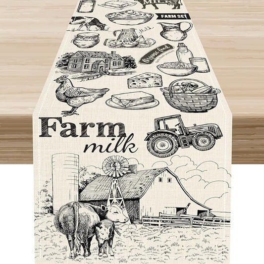 Farm Animals Table Runner, Rustic Farmhouse Rooster Cow Chicken Black Print Watercolor Coffee Table Center Decor for Home Kitchen Dining Patio Party Indoor Outdoor Table Decorations, 13" X 108"