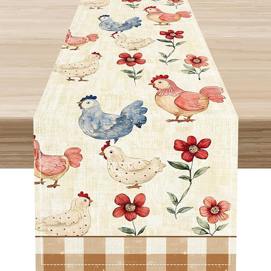Farmhouse Rooster Table Runner, Rustic Farm Chicken Brown Plaid Flower Plant Watercolor Coffee Table Center Decor for Home Kitchen Dining Patio Party Indoor Outdoor Table Decorations, 13" X 108"
