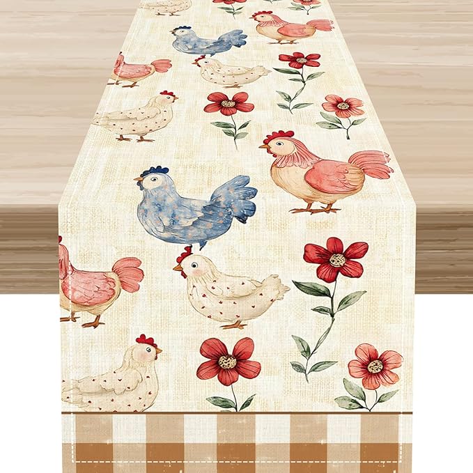 Farmhouse Rooster Table Runner, Rustic Farm Chicken Brown Plaid Flower Plant Watercolor Coffee Table Center Decor for Home Kitchen Dining Patio Party Indoor Outdoor Table Decorations, 13" X 36"